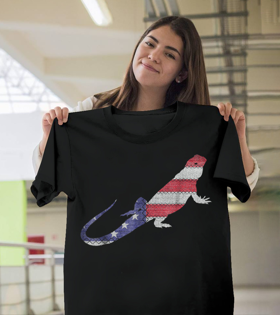 Patriotic Bearded Dragon American Flag Scales Embr T-Shirt