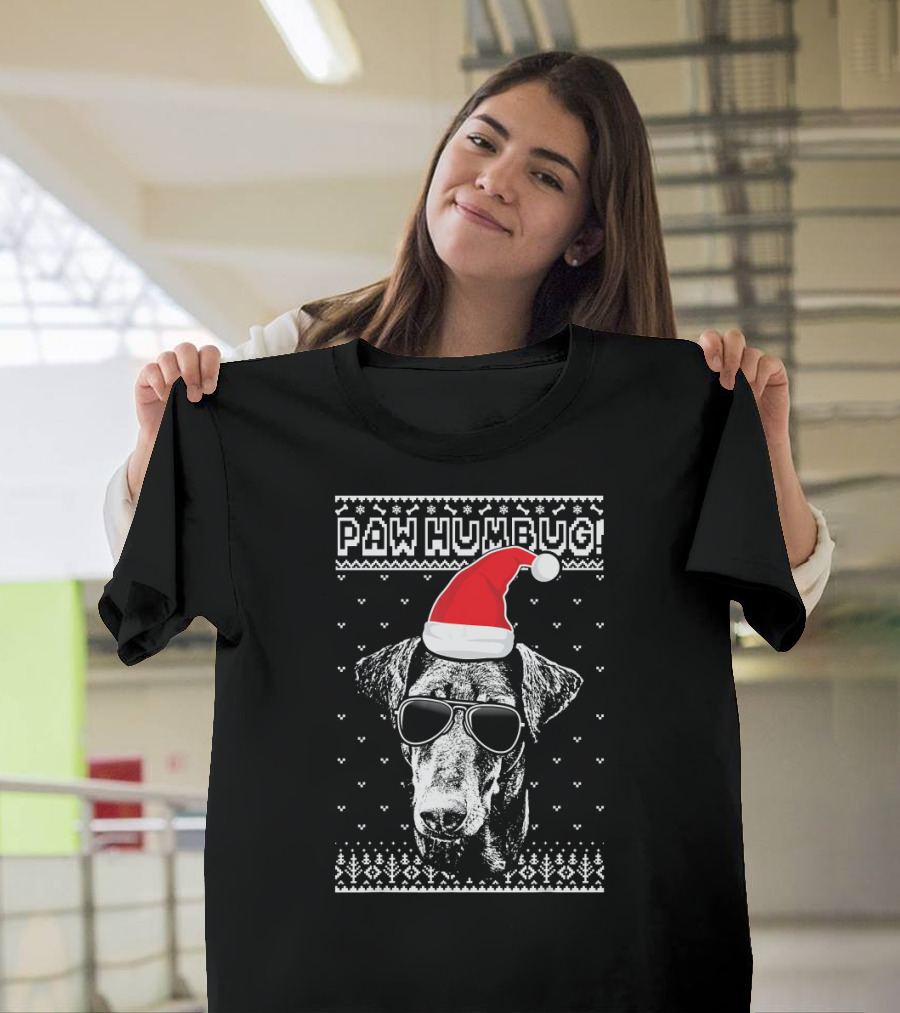 Paw Humbug Funny Doberman Santa Hat Sunglasses T-Shirt