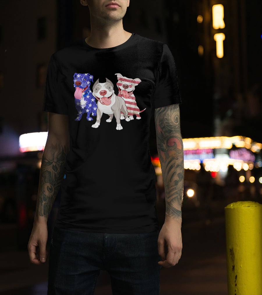 Three Pitbulls American Flag July T-Shirt