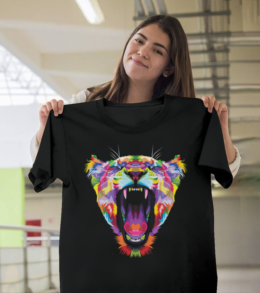 Tiger Colorful Angry Tiger's Head Geo Vibrant Geometric Roaring Tiger T-Shirt