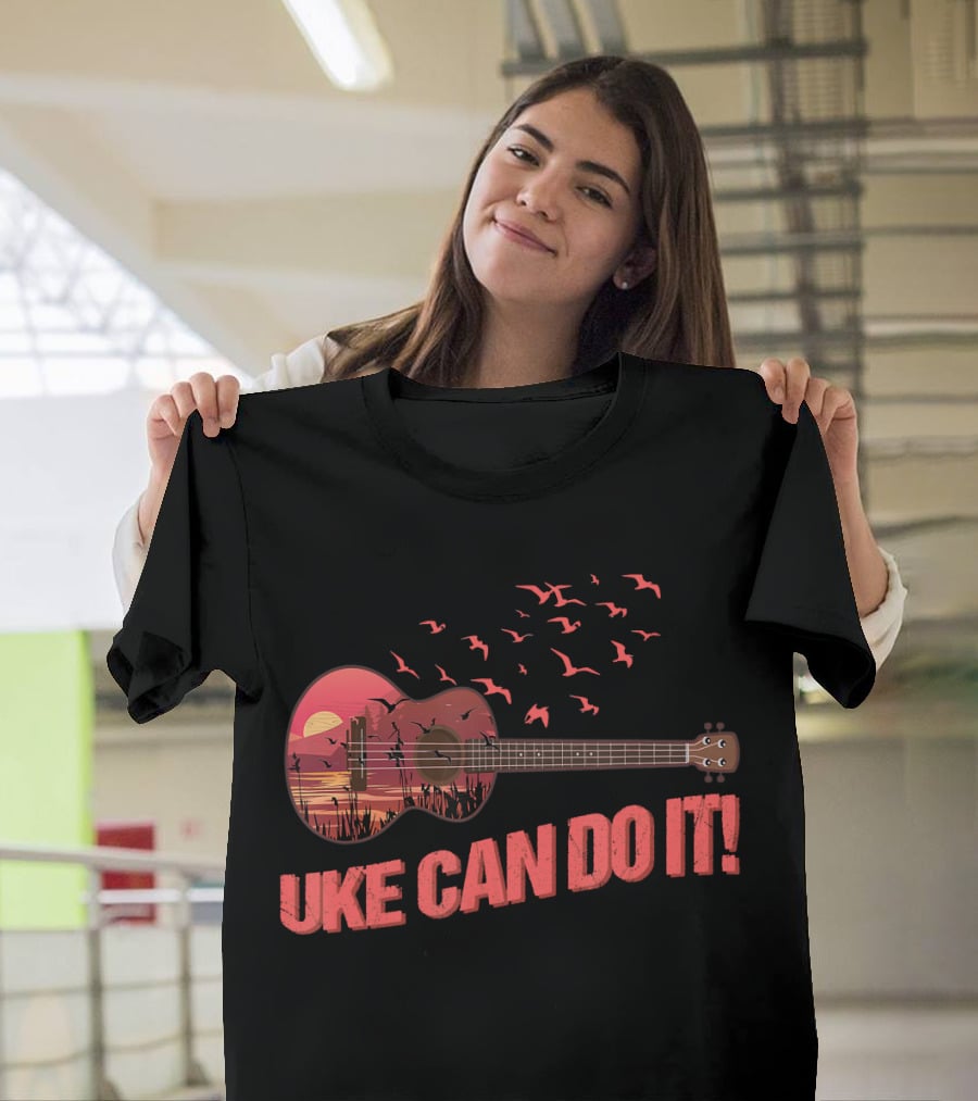 Uke Can Do It Sunset Birds And Lake Scene T-Shirt