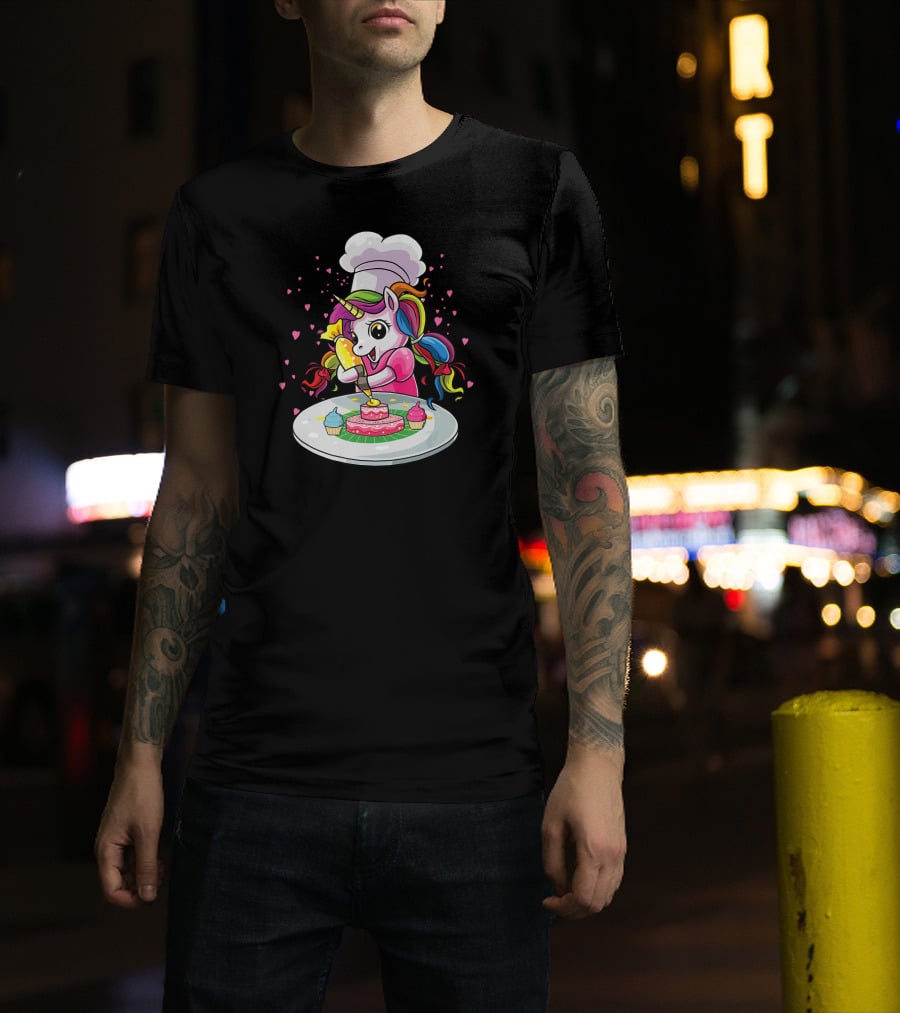Unicorn Chef Decorating Colorful Cupcakes And Cake T-Shirt