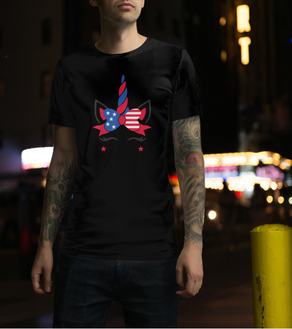 Unicorn With American Flag Bow And Stars Patriotic 4th Of July Cute T-Shirt
