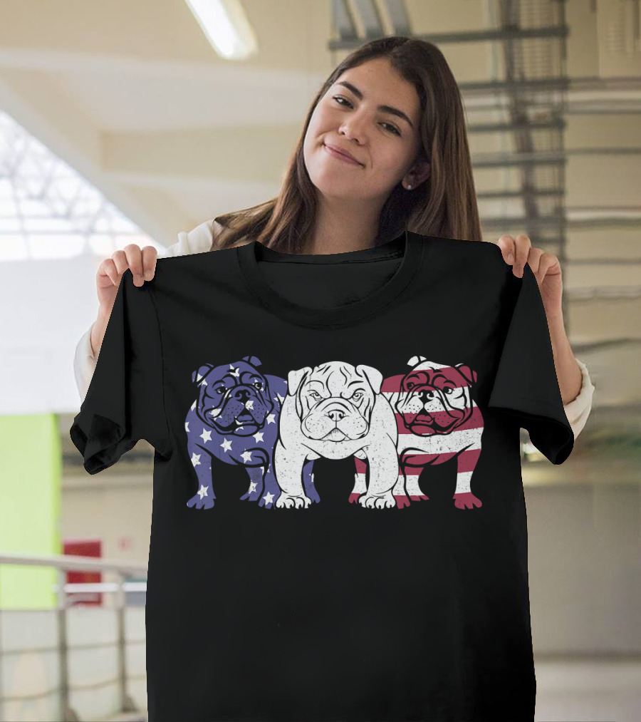 Unique Bulldog Trio American Flag T-Shirt