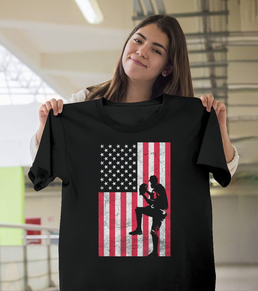USA American Flag Baseball Pitcher Red White Blue T-Shirt