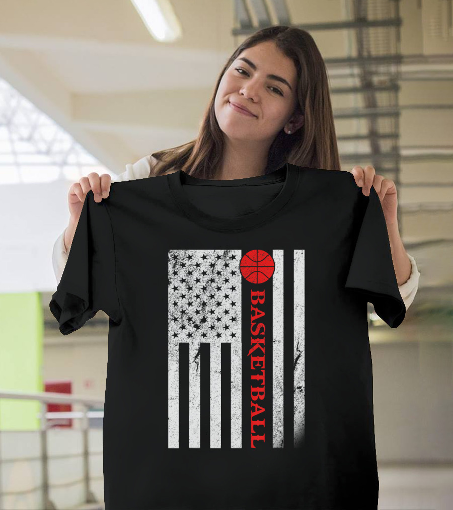 USA Red White Vintage American Flag Basketball T-Shirt