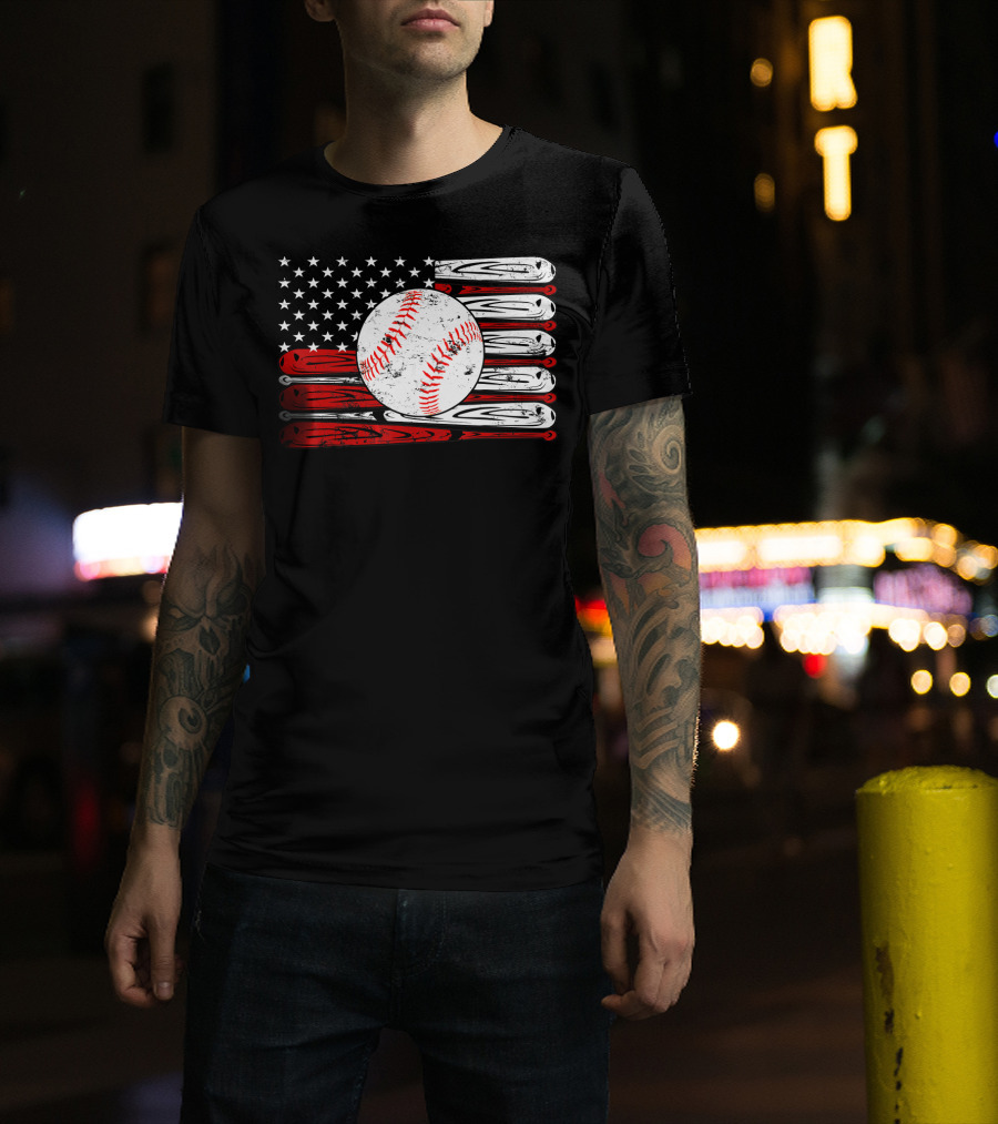 American Flag Vintage Baseball Bat Sports T-Shirt
