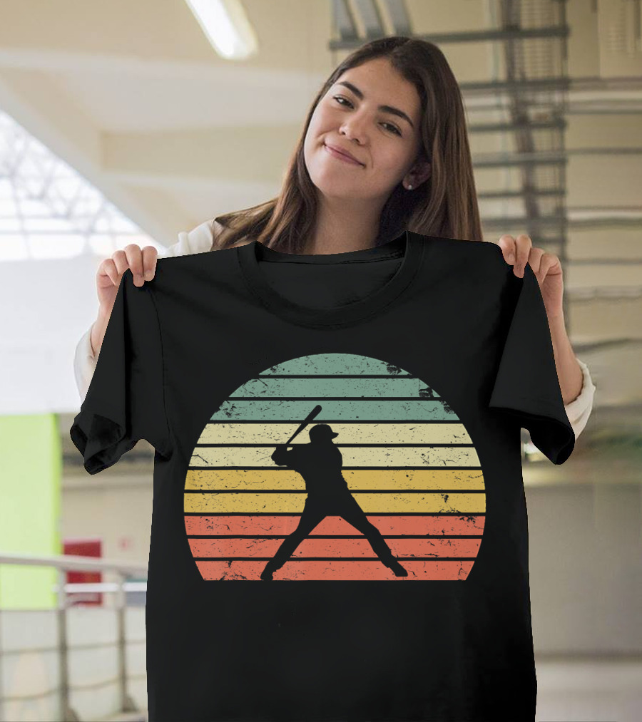 Vintage Baseball Batter Silhouette Retro Sunset Stripes T-Shirt