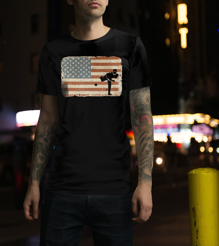Vintage Baseball Pitcher Silhouette With American Flag Background T-Shirt