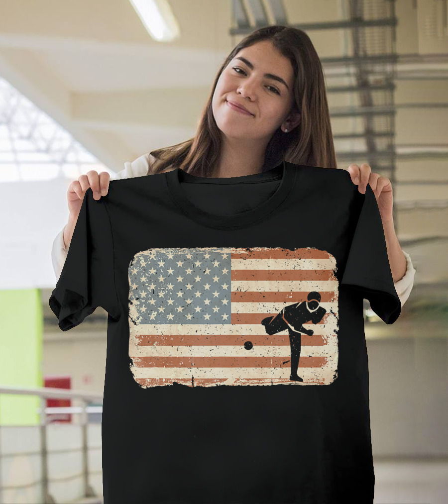 Vintage Baseball Pitcher Silhouette with American Flag Background T-Shirt