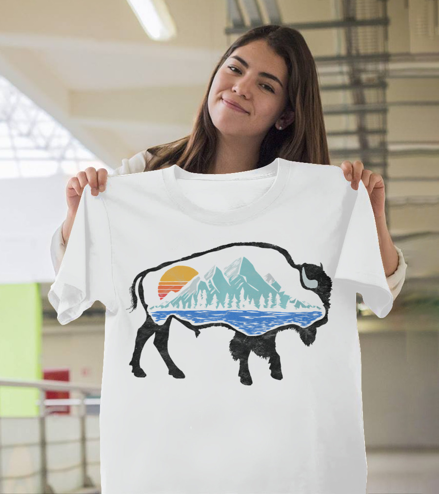 Vintage National Park Landscape Bison Mountain Sunset T-Shirt