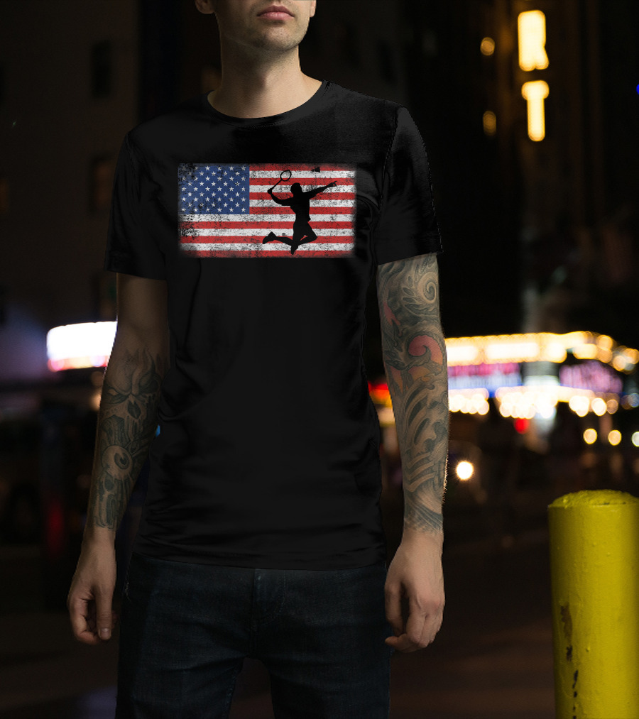 Vintage American Flag Badminton Player Silhouette Jumping Over T-Shirt
