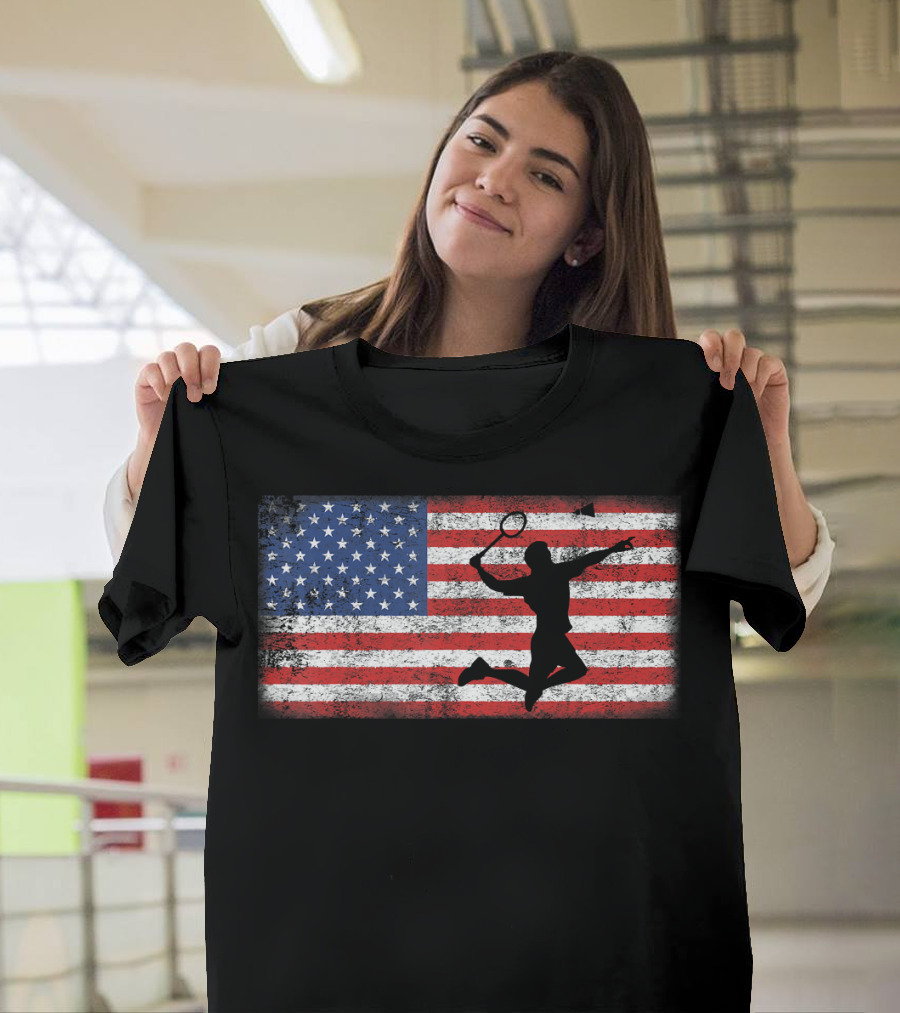 Vintage American Flag Badminton Player Silhouette Jumping Over T-Shirt