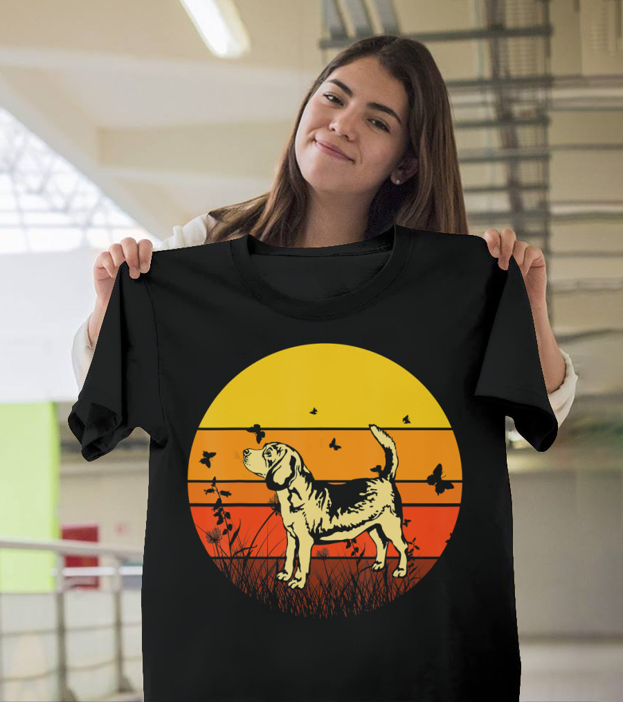 Vintage Beagle Sun with Butterflies and Grass T-Shirt