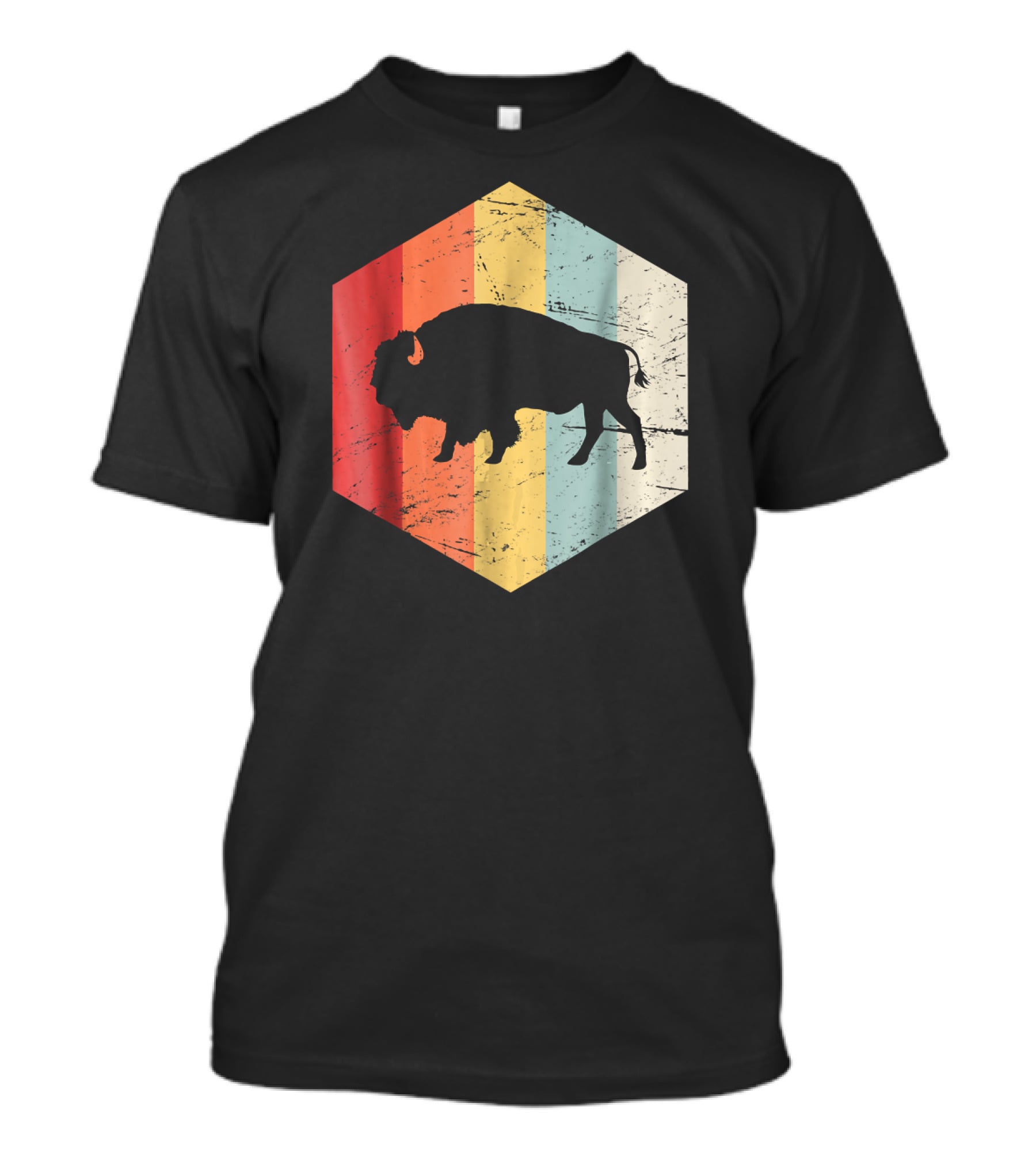 Vintage Buffalo Silhouette Retro Stripes Hexagon T-Shirt