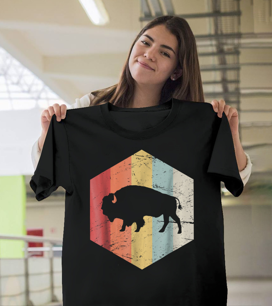 Vintage Buffalo Silhouette Retro Stripes Hexagon T-Shirt