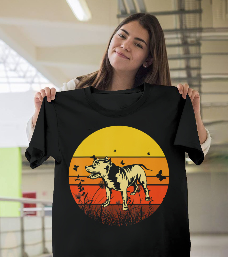 Vintage Pitbull Sun Animal With Butterflies And Birds T-Shirt