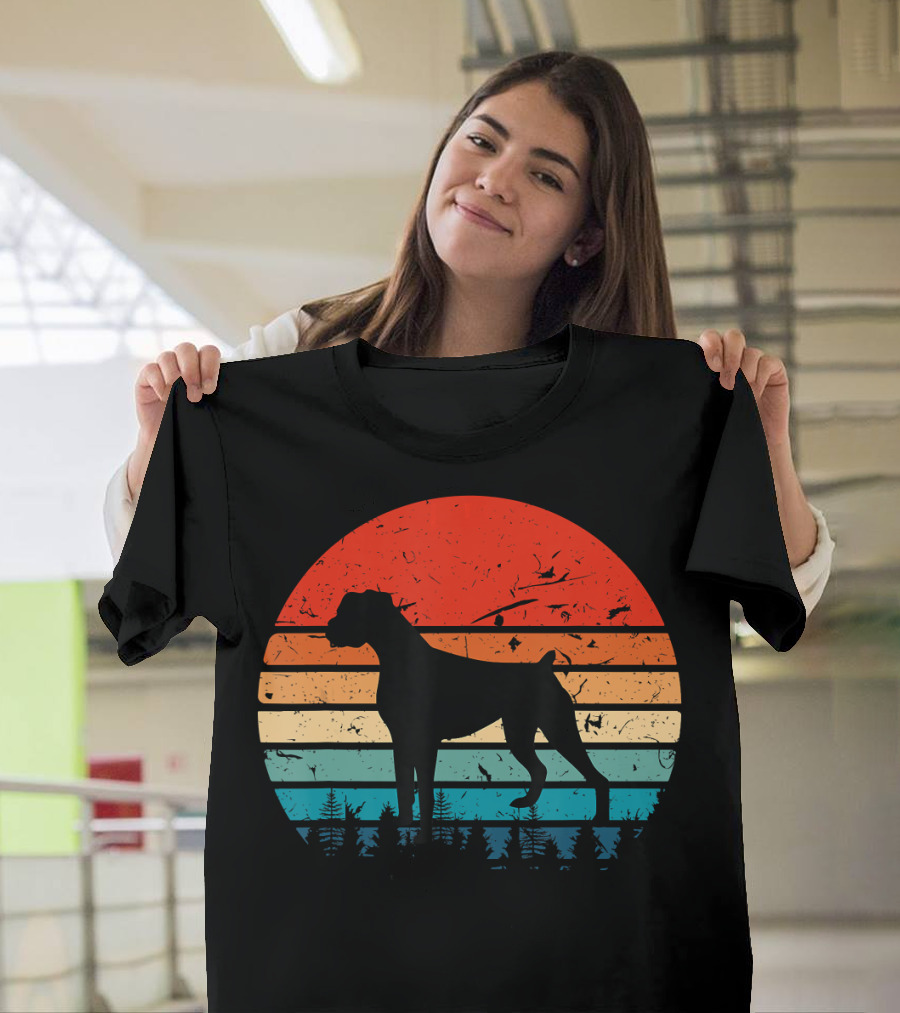Vintage Boxer Dog Silhouette Retro Sunset Stripes Forest Scene T-Shirt