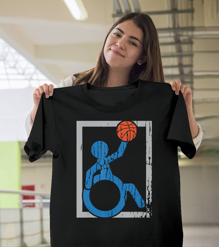 Wheelchair Basketball Icon Blue Figure with Orange Ball T-Shirt