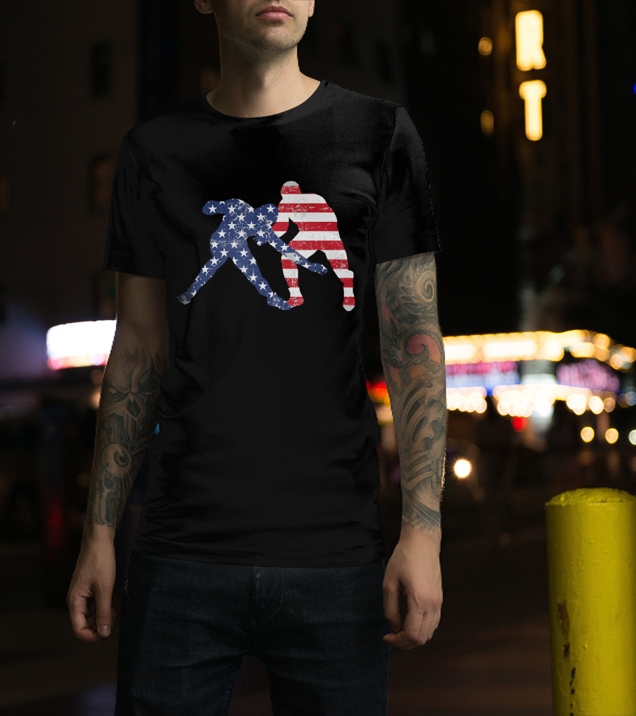 Wrestling Dual Silhouette With US Flag Stars And Stripes For Fourth Of July T-Shirt