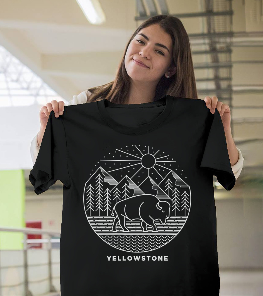 Yellowstone National Park Bison Mountains Forest Sun T-Shirt