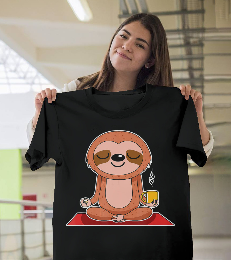 Yoga Sloth Funny Workout Fitness Casual Relaxing Meditation with Coffee T-Shirt