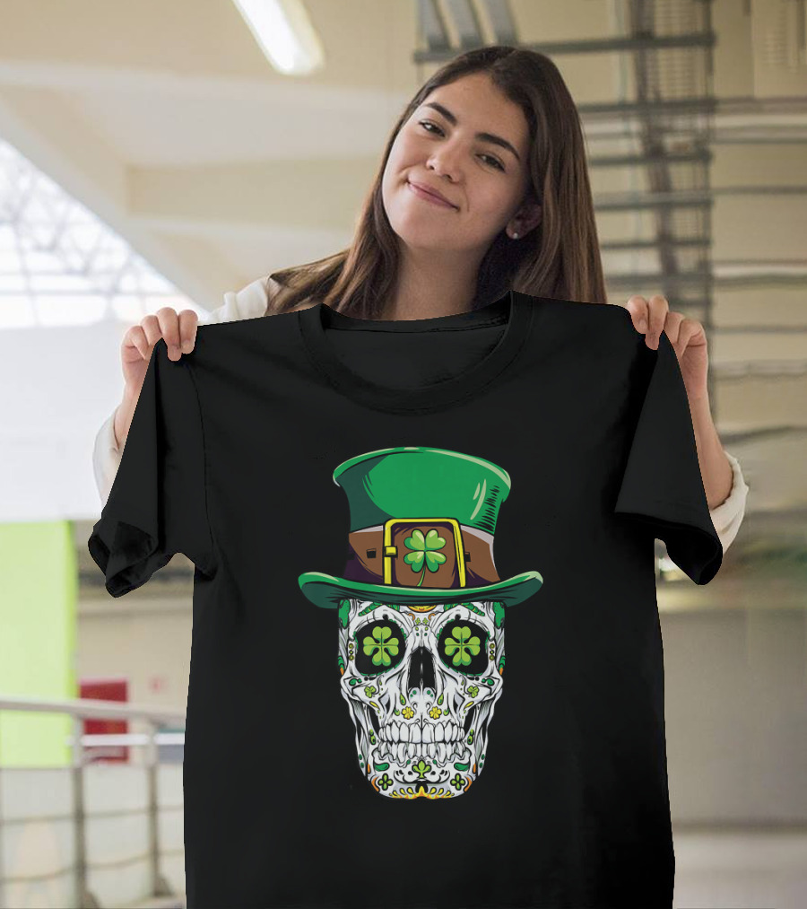 Sugar Skull Leprechaun Shamrock Hat St Patrick's Day T-Shirt