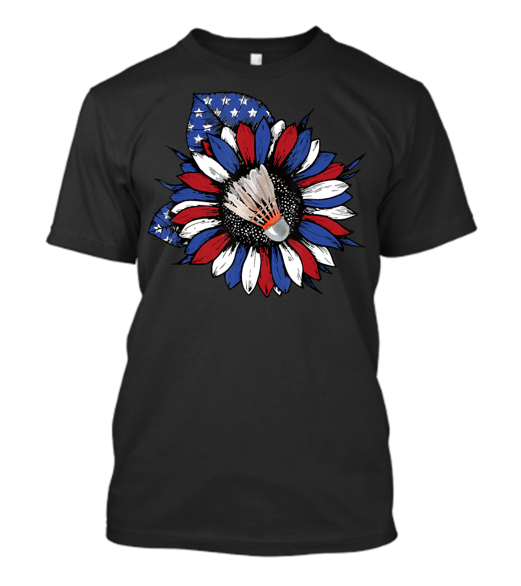 American Flag Sunflower With Badminton Birdie Center T-Shirt