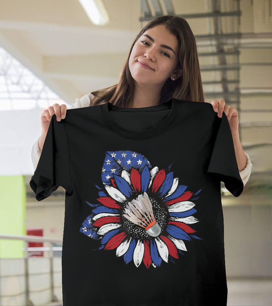 American Flag Sunflower With Badminton Birdie Center T-Shirt