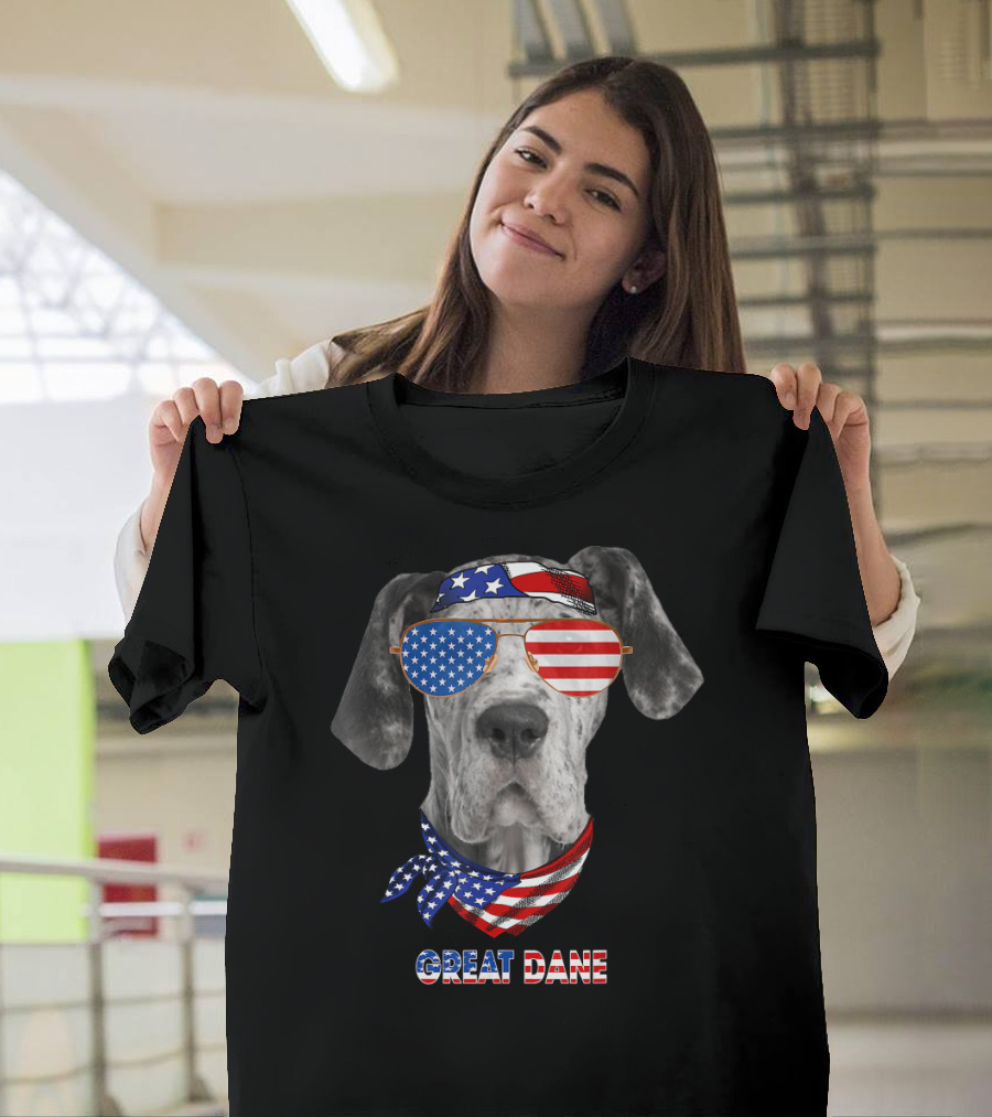 Great Dane Dog In American Flag Glasses And Bandana T-Shirt