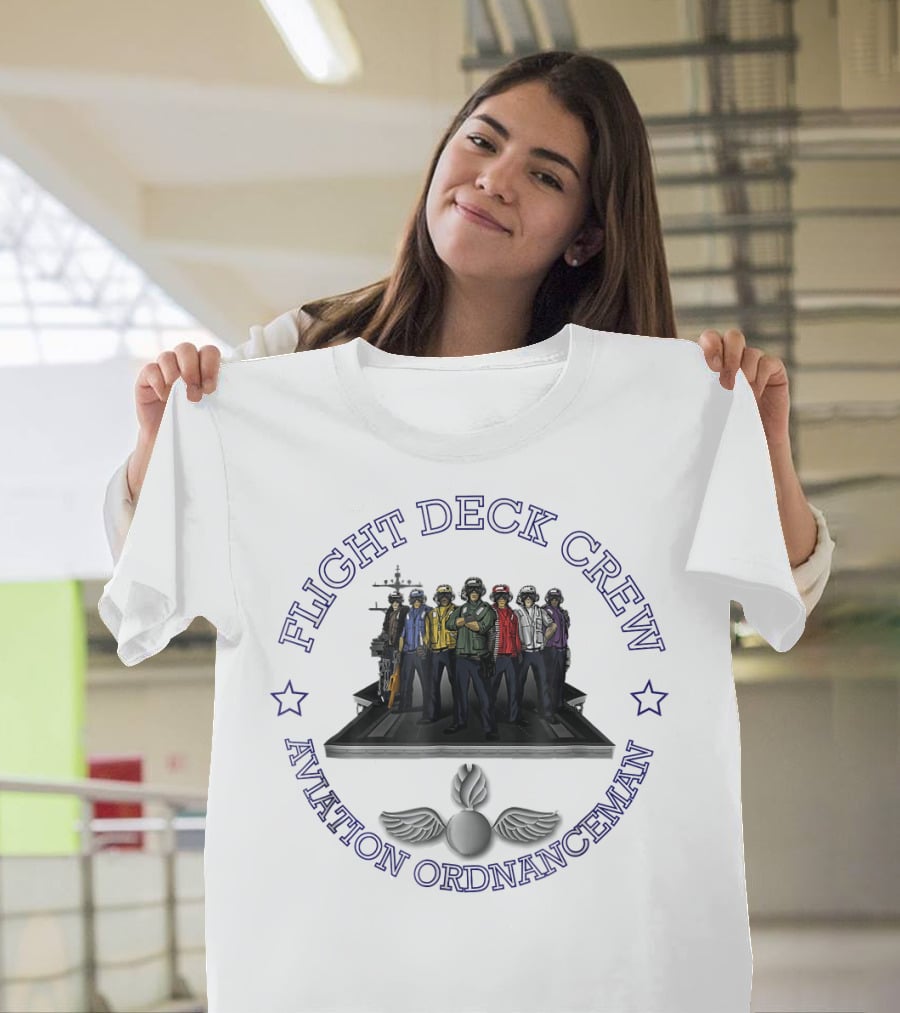 Flight Deck Crew Aviation Ordnanceman Team With Aircraft Carrier Background T-Shirt
