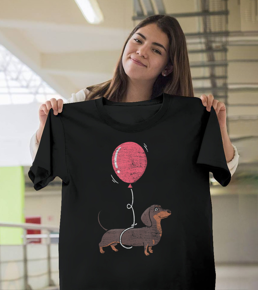Balloon Dachshund Sketch with Red Balloon and Brown Dog Balloon Dachshund T-Shirt