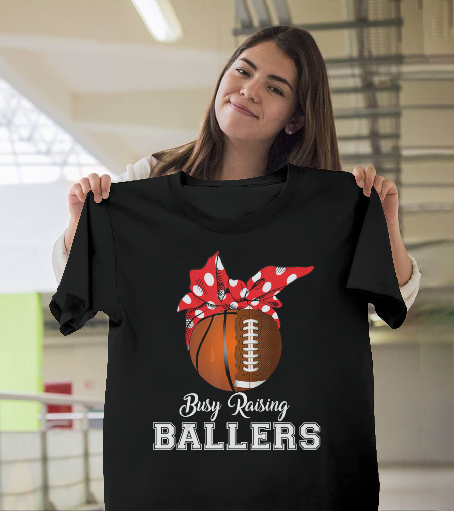Basketball Football Busy Raising Ballers Polka Dot Bandana Typography T-Shirt