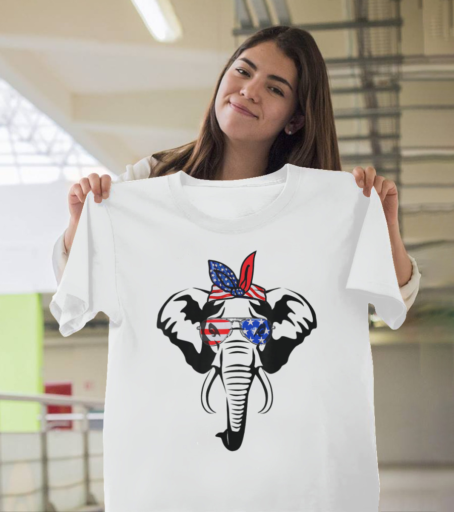 Elephant Wearing American Flag Glasses and Bandana T-Shirt