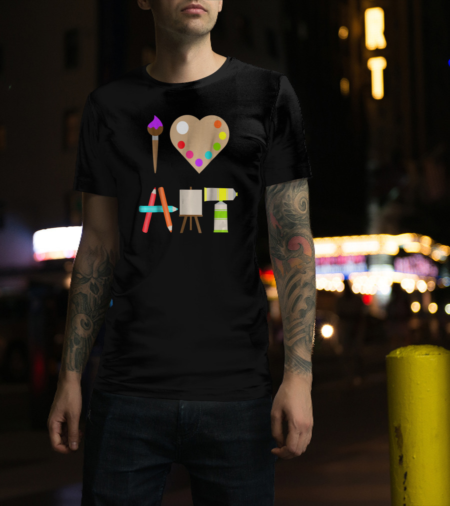 I Love Art Fun Colorful Future Artist Heart Palette Paintbrush Pencils Easel Tube T-Shirt
