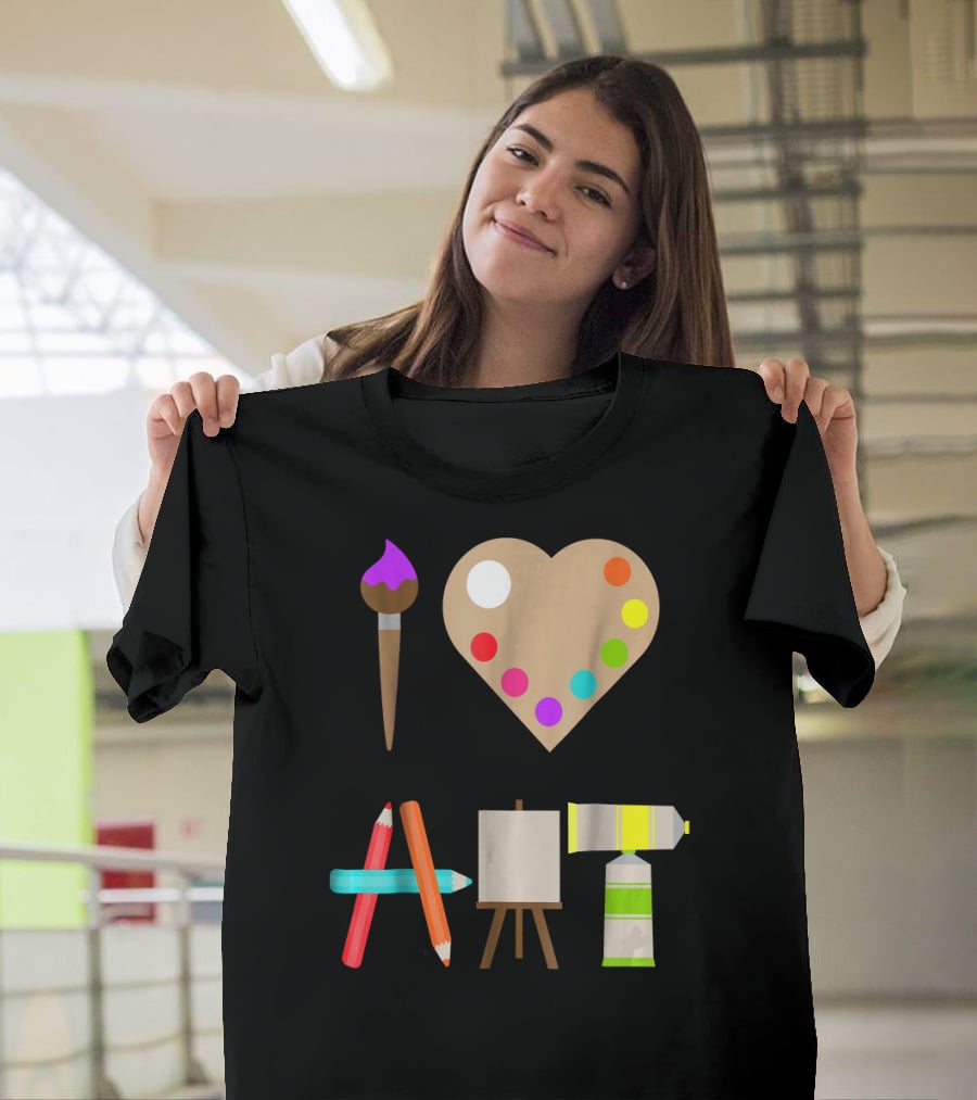I Love Art Fun Colorful Future Artist Heart Palette Paintbrush Pencils Easel Tube T-Shirt