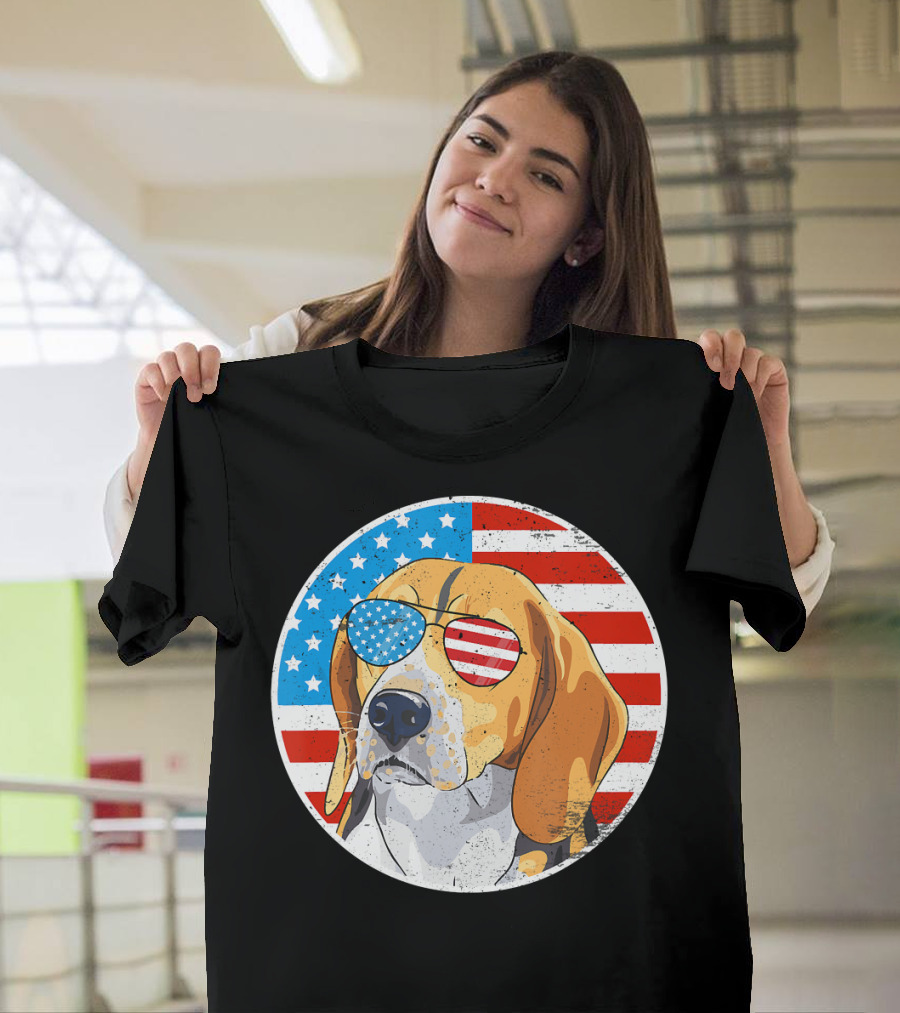 4th of July Beagle Dog America Flag Sunglasses T-Shirt