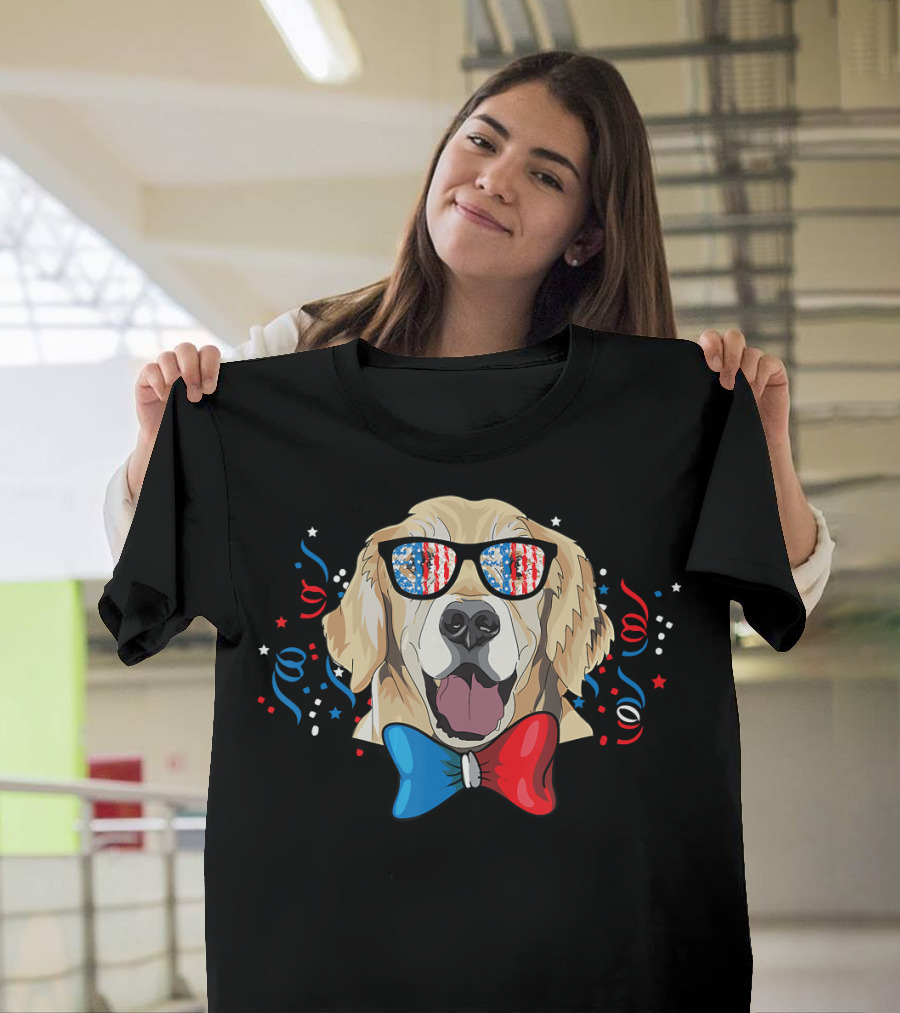 Golden Retriever 4th of July USA Sunglasses Bow Tie T-Shirt
