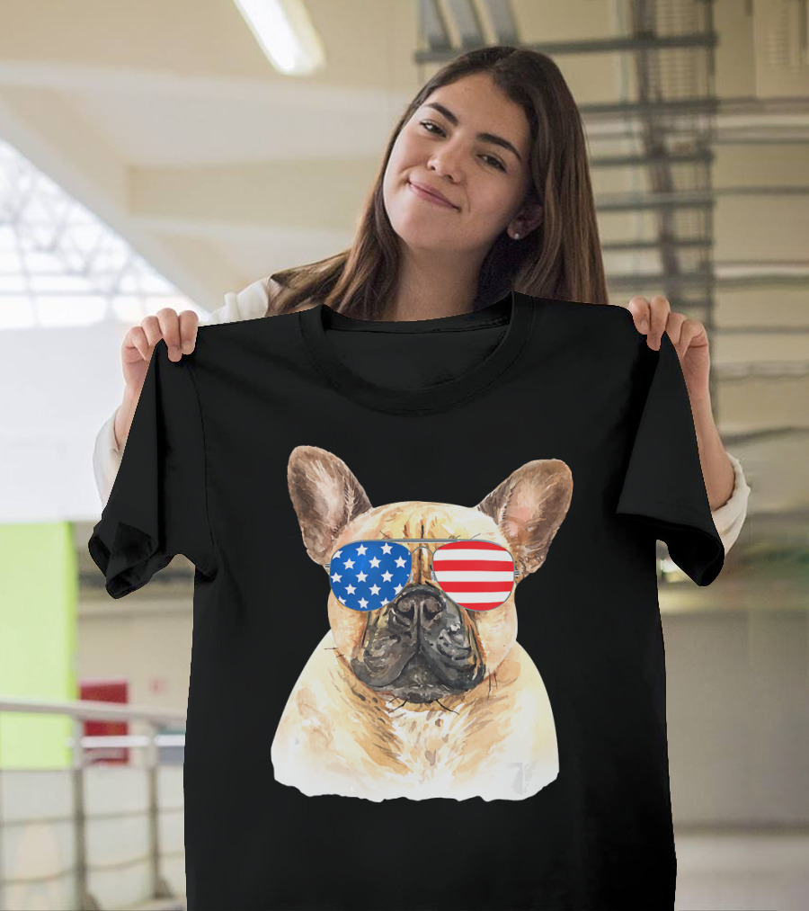 4th of July Merica Dog with American Flag Sunglasses T-Shirt