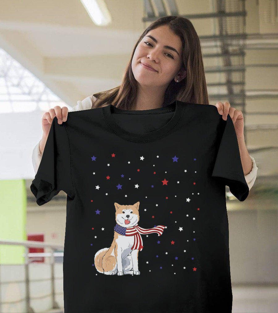 Akita Inu Patriotic American Flag Scarf Stars T-Shirt