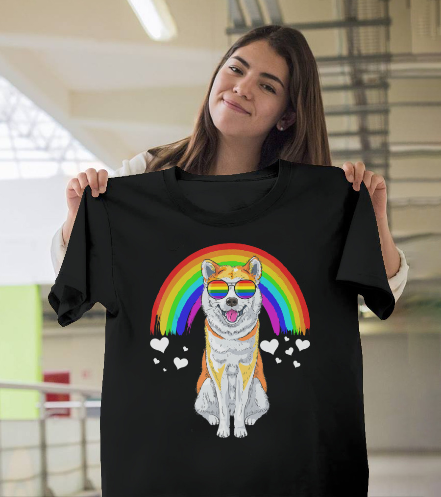 Akita Inu Rainbow Pride Sunglasses Hearts T-Shirt