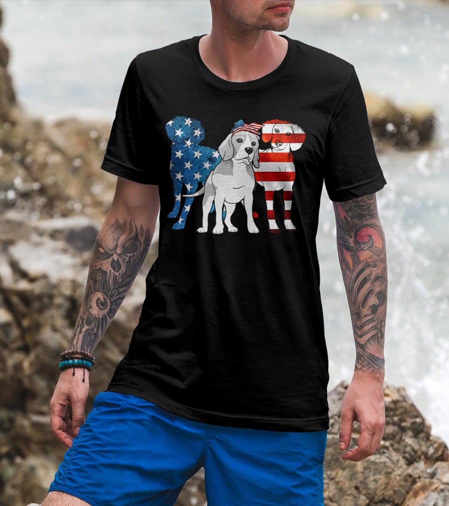 American Beagle Trio With Patriotic Stars And Stripes US Flag Motif T-Shirt