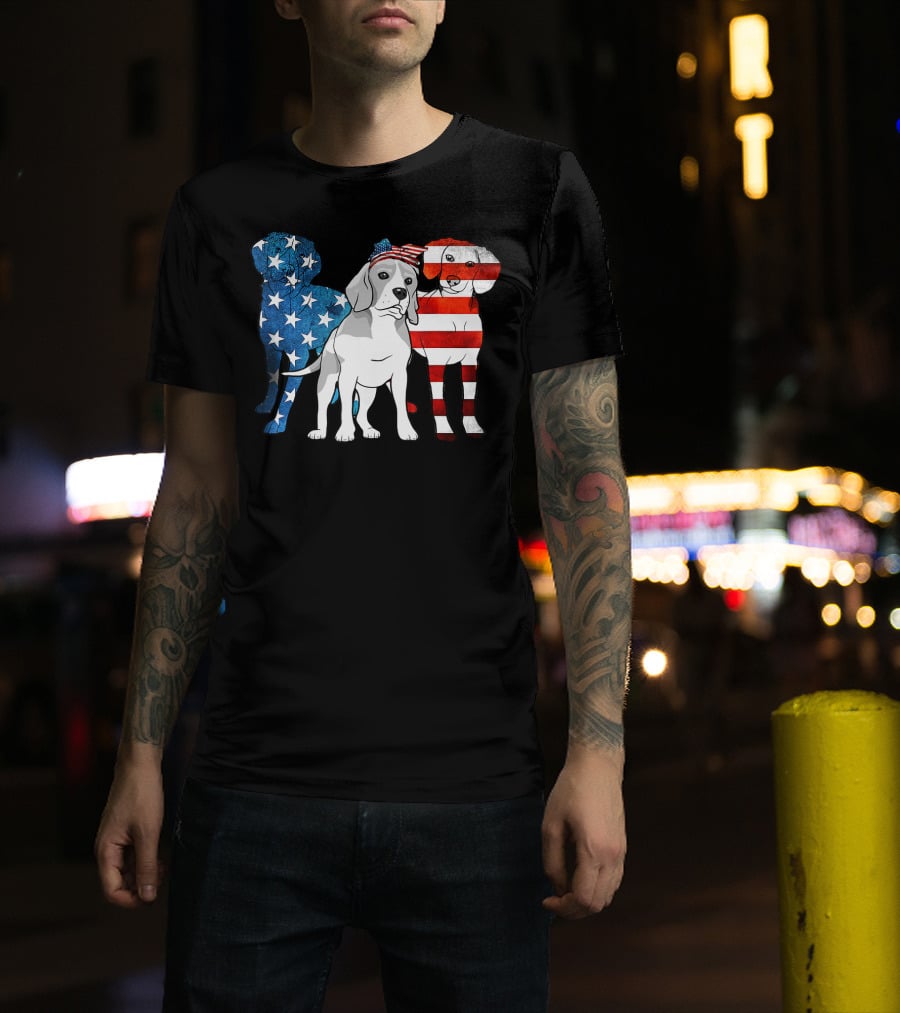 American Beagle Trio With Patriotic Stars And Stripes US Flag Motif T-Shirt