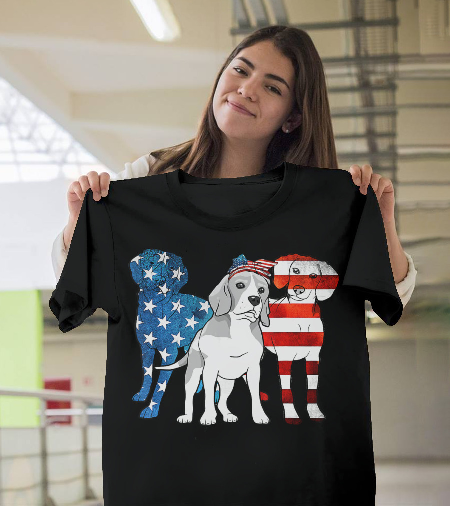 American Beagle Trio with Patriotic Stars and Stripes US Flag Motif T-Shirt
