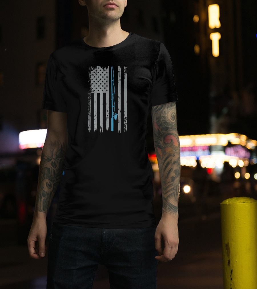 American Flag Fishing Rod Stars Stripes Blue Line T-Shirt