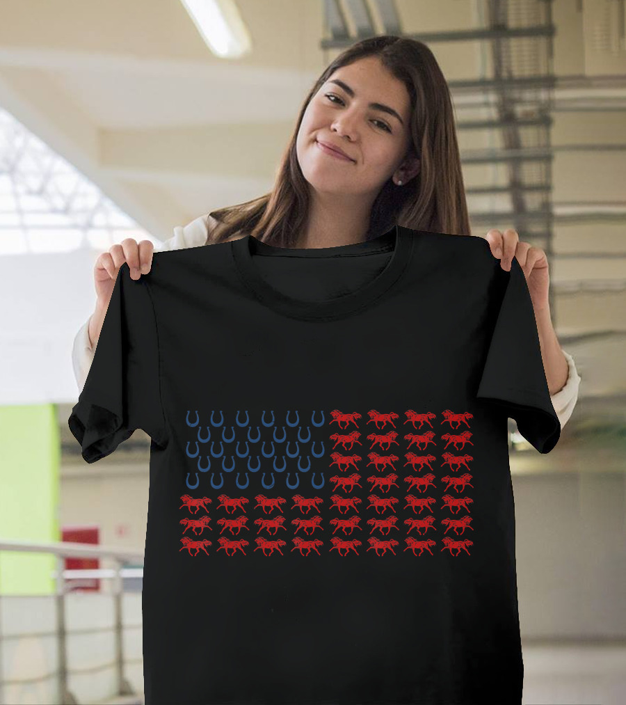 American Flag Horseshoes and Galloping Horses 4th of July T-Shirt