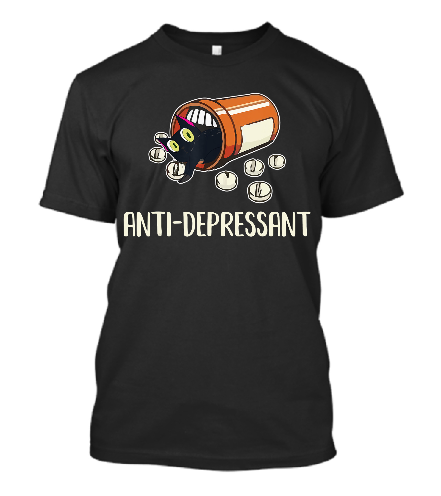 Anti-Depressant Funny Black Cat In Pill Bottle T-Shirt