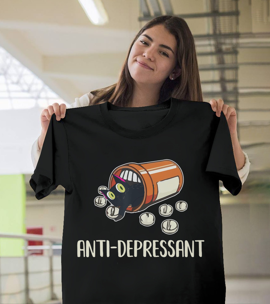 Anti-Depressant Funny Black Cat In Pill Bottle T-Shirt