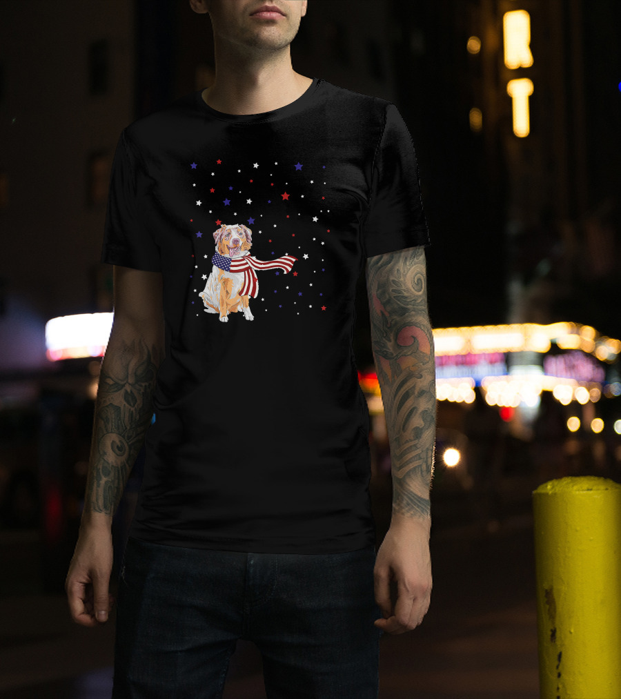 Australian Shepherd Dog With American Flag Scarf Surrounded By Stars T-Shirt