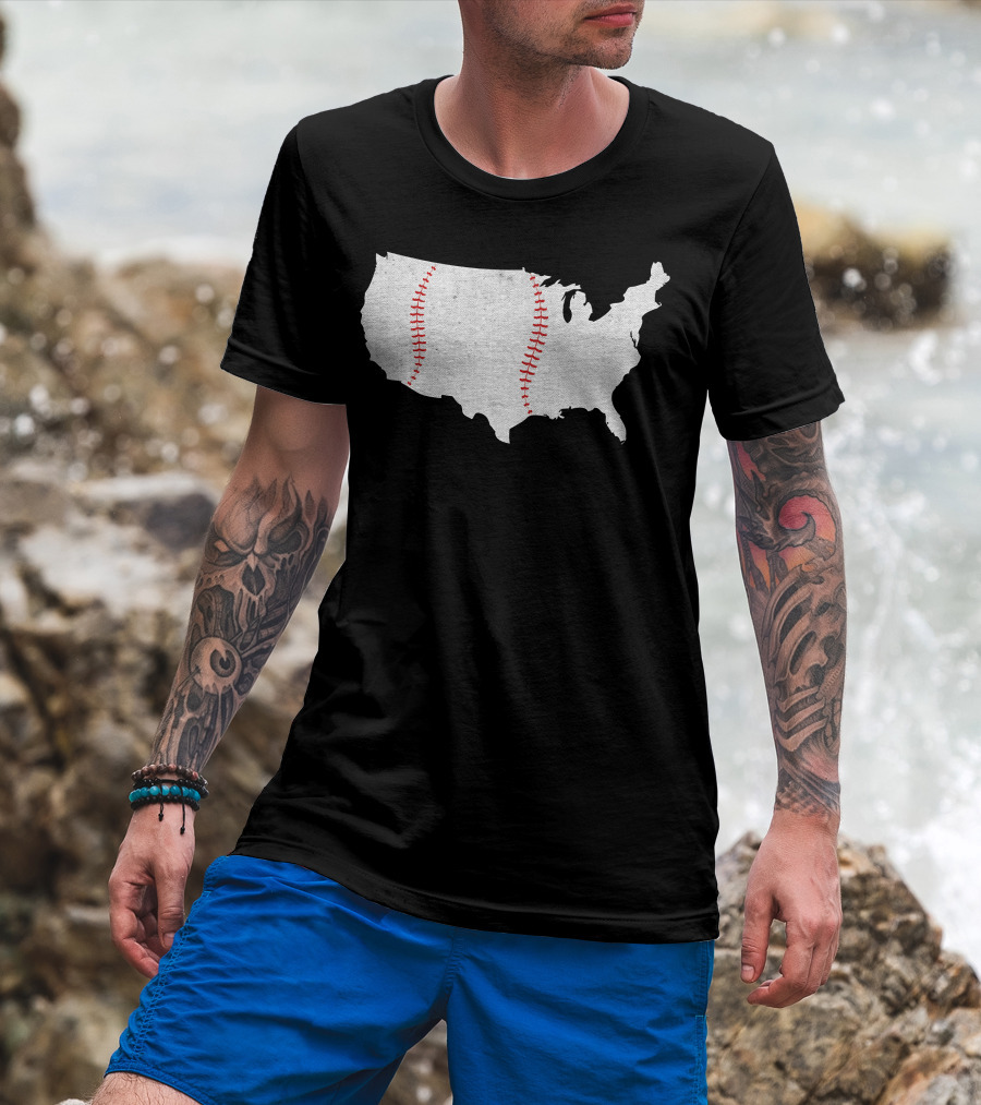 Baseball America's Pastime USA Map Stitching T-Shirt
